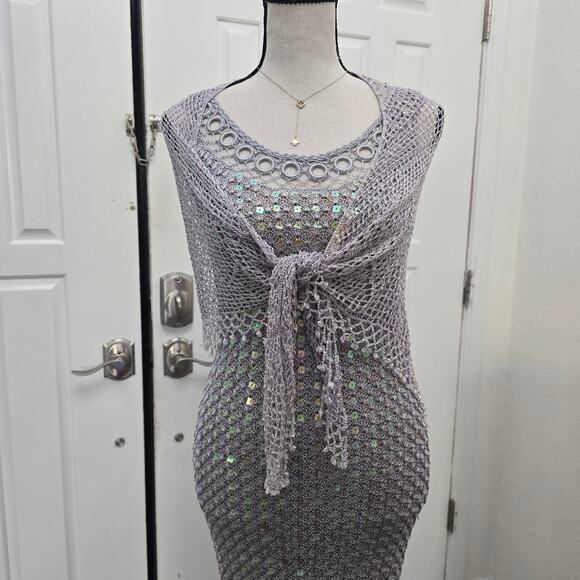 Women's Hand Crochet Sequin Sparkly Gown Shawl Silver S Formal Elegant DiscoLuxe - Picture 7 of 16